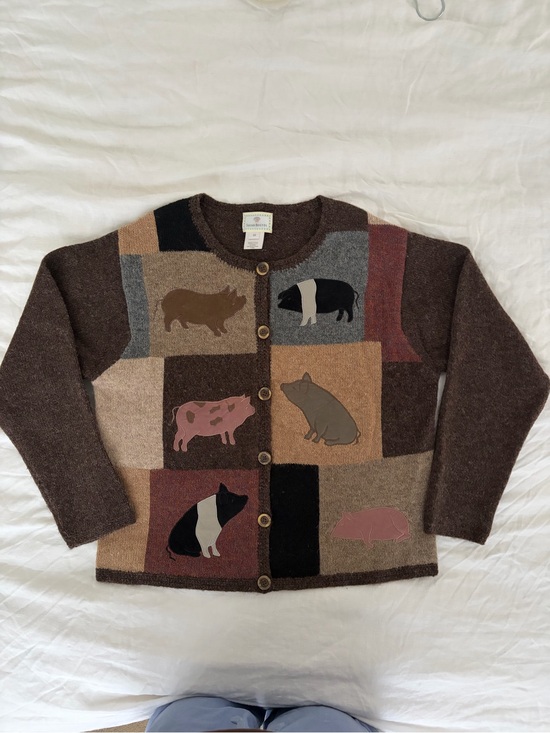 Susan Bristol Sweaters - Vintage 90s Susan Bristol Fresh Farm Produce Cardigan Sweater Hand Knit Sz M pig